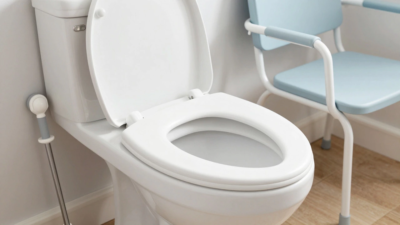 Bathroom equipped with a raised toilet seat, grabber tool, and shower chair