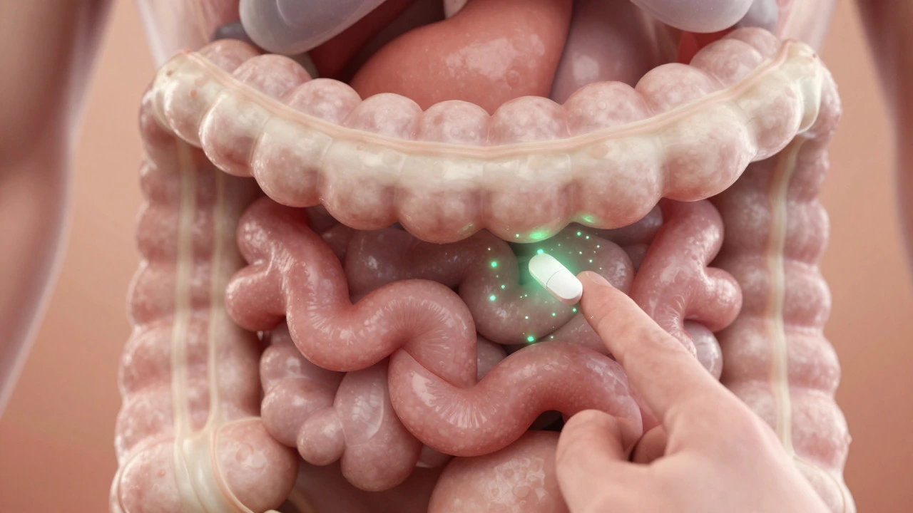 Close-up of metformin interacting with the gut lining