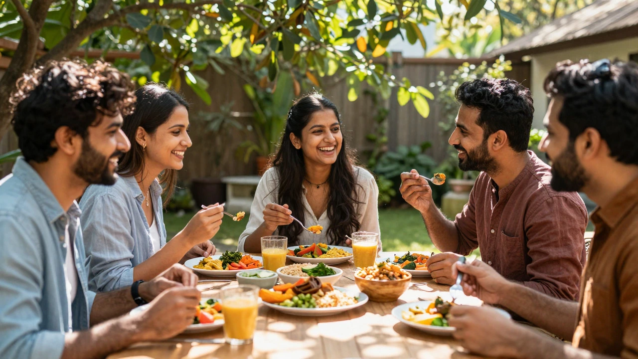 Friends sharing healthy Indian meal outdoors for community support