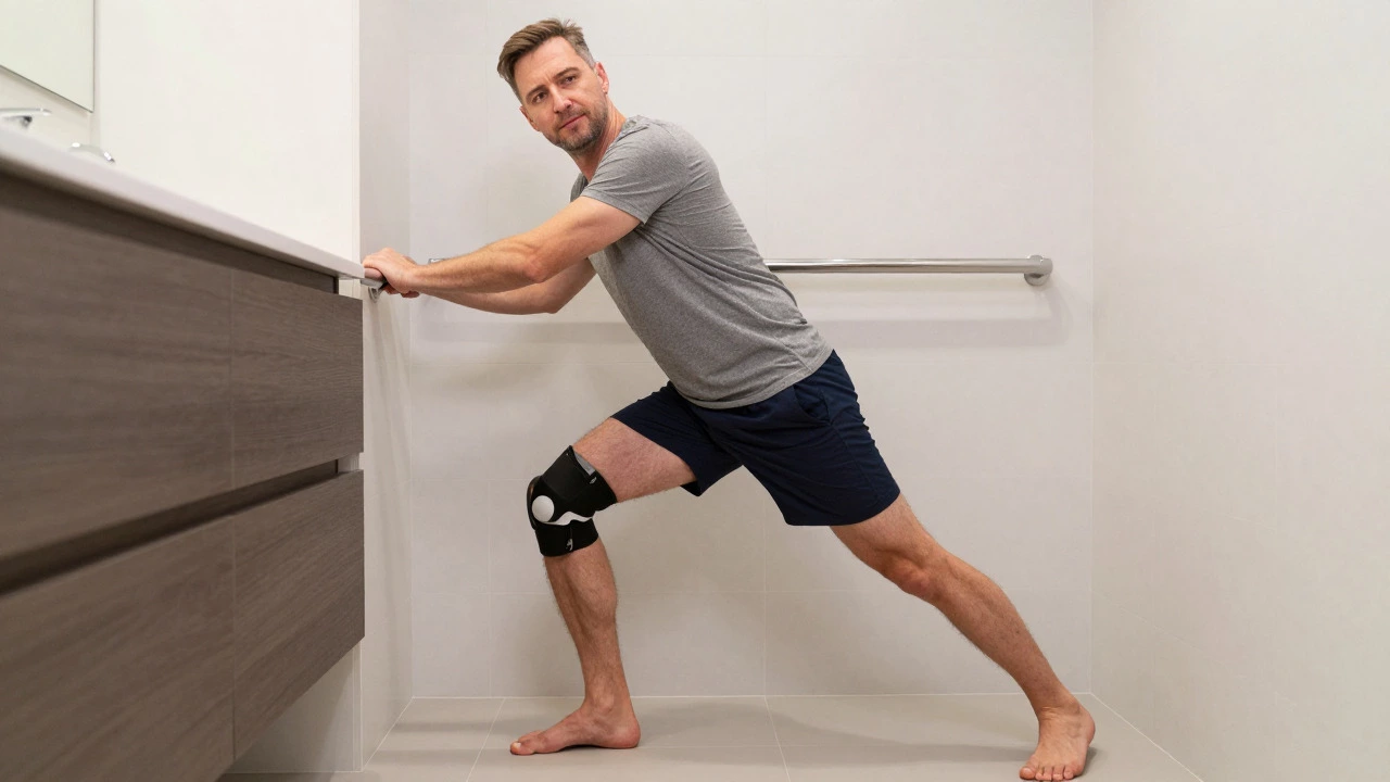 Man using a side-stance position with support to stand safely in a bathroom