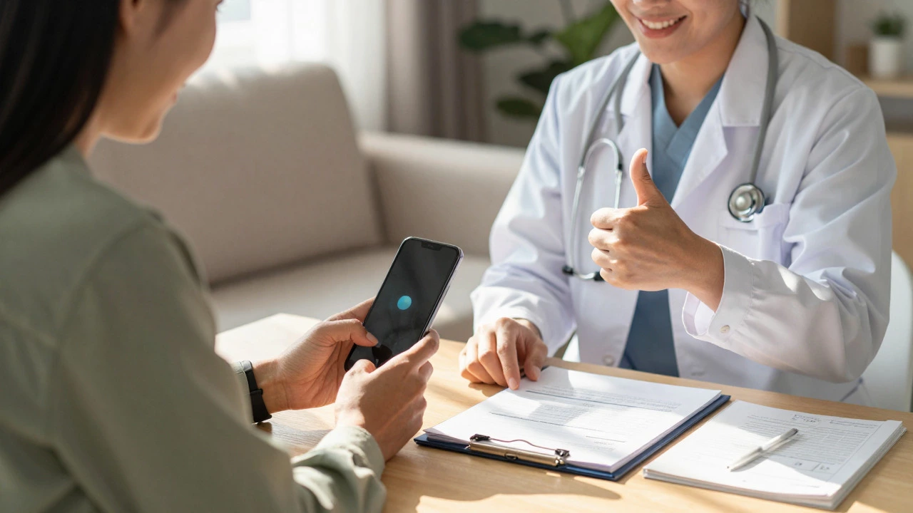 Patient and doctor smiling with approved medical documents