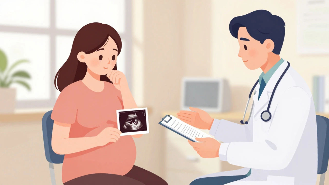 Pregnant woman discussing twin pregnancy risks with her doctor.