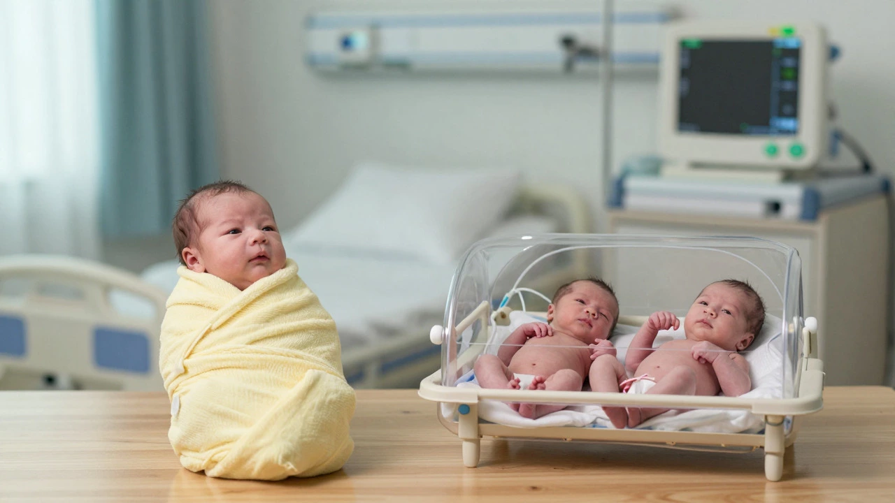 Scale balancing one healthy baby against two premature twins in incubators.