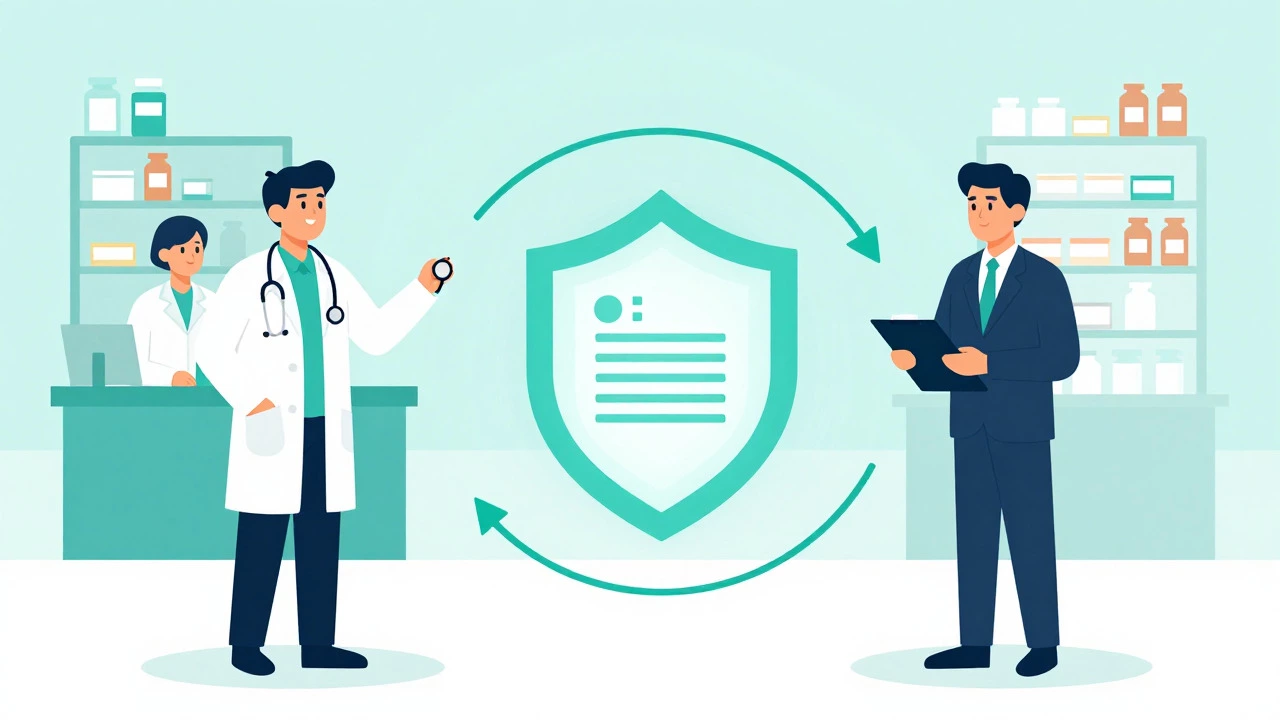 Vector illustration of doctor, insurer, and pharmacist connecting