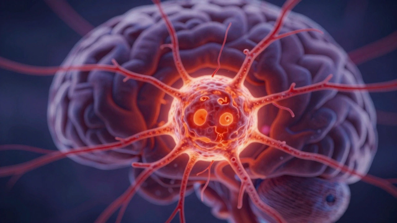 Visual of glioblastoma tumor extending tentacles into brain tissue