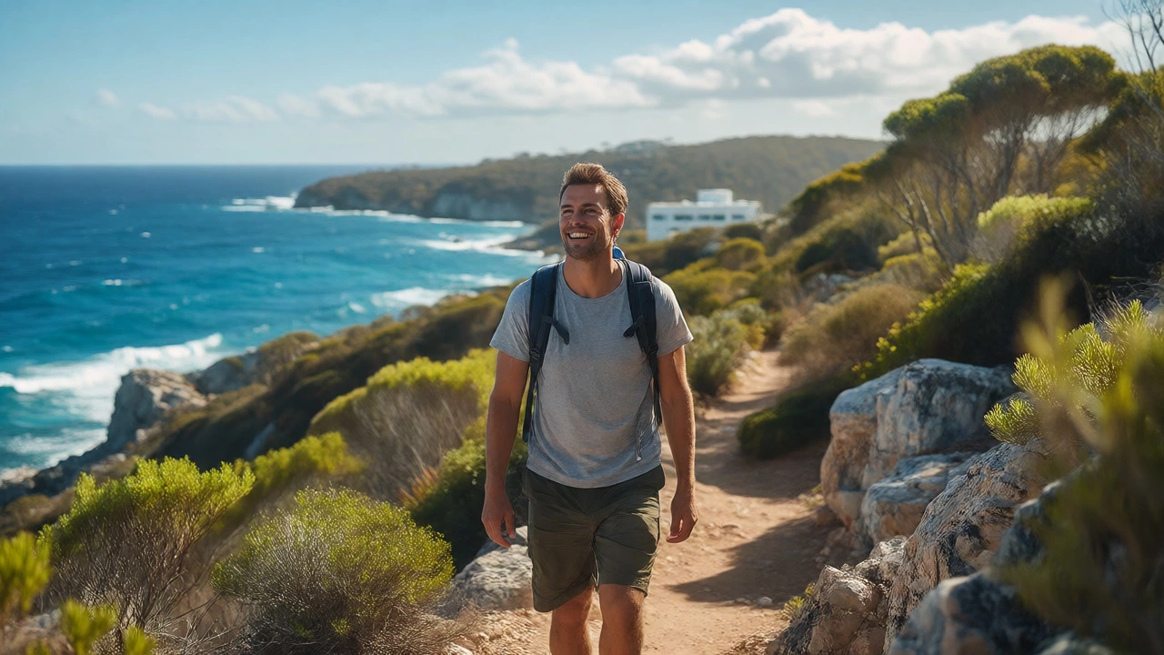 Australian doctor hiking near coast enjoying outdoor lifestyle
