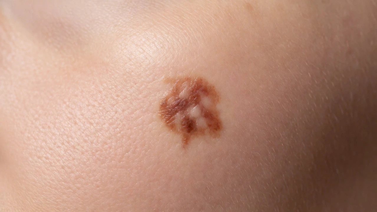 Close-up of skin showing an irregular mole with uneven borders