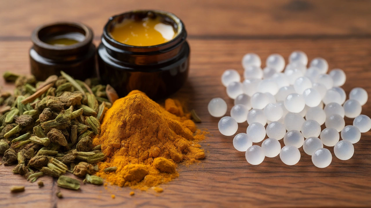 Comparison of Ayurvedic herbs and homeopathic sugar pills on a wooden surface