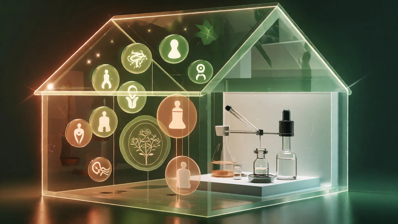 Conceptual art showing homeopathy as a single room within a holistic health house