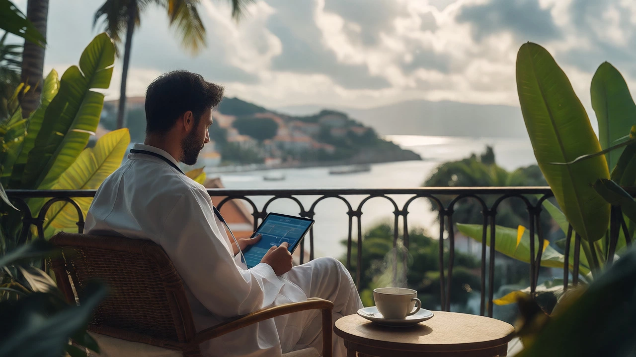 Digital nomad doctor working remotely from scenic balcony