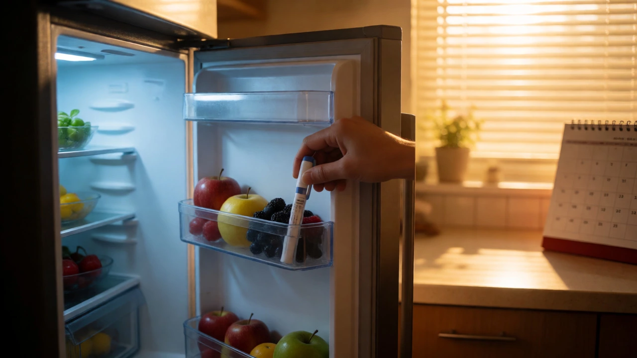 Hand placing medication pen into fridge next to fresh fruit