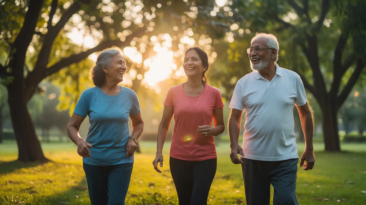 Healthy elderly couple exercising outdoors after cancer recovery