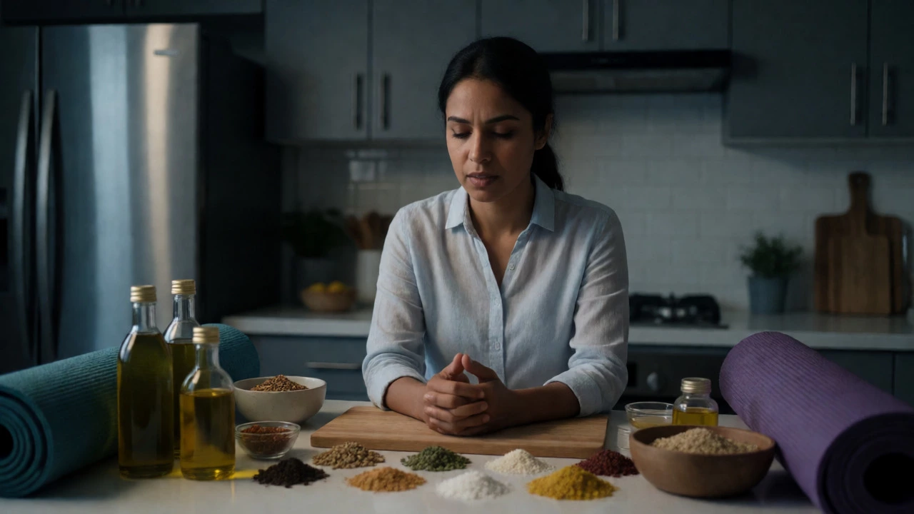 Overwhelmed woman managing Ayurvedic lifestyle routines at home