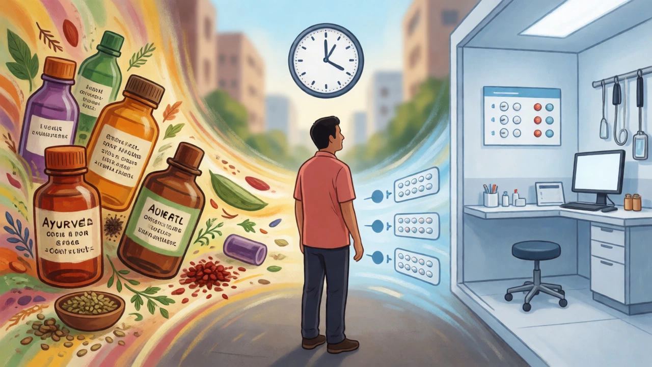Patient choosing between Ayurvedic remedies and conventional medicine