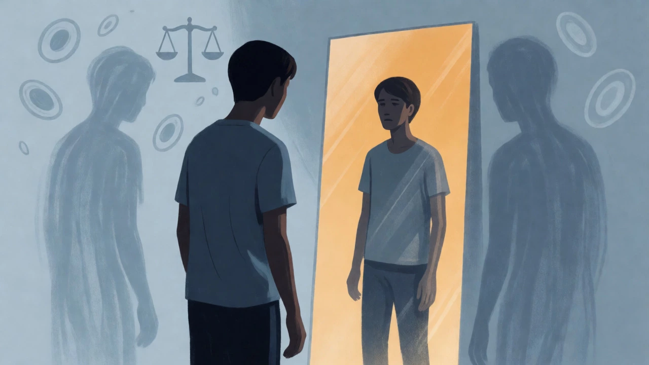 Person looking gaunt in mirror illustrating fatigue and weight loss