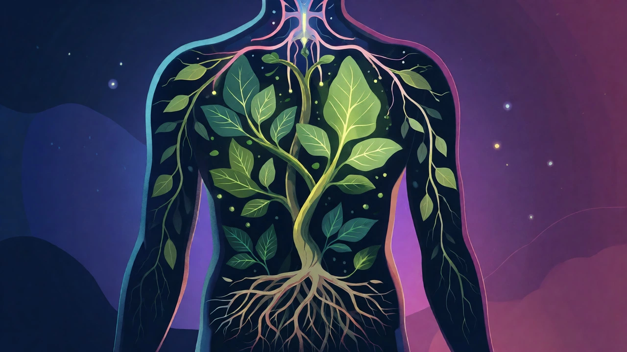 Abstract illustration of plant roots growing within a human silhouette.