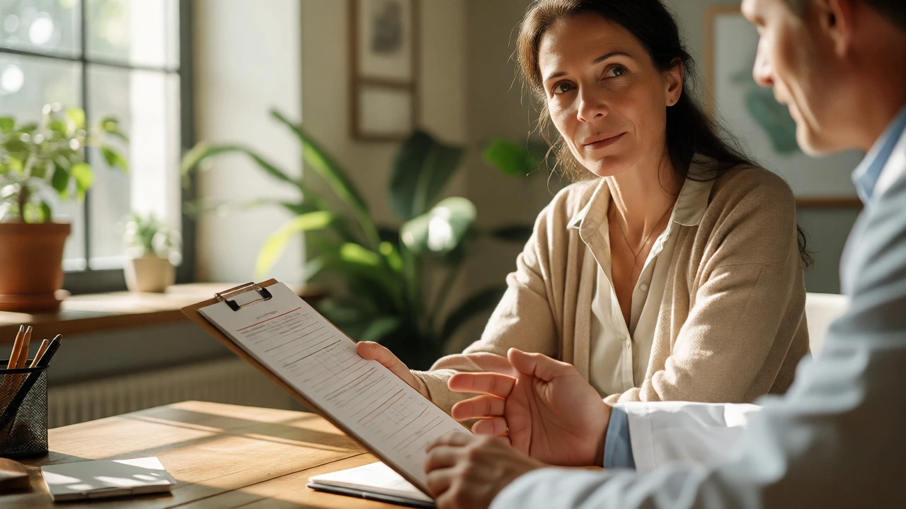 Doctor consulting with middle-aged patient in a sunlit, modern clinic setting.