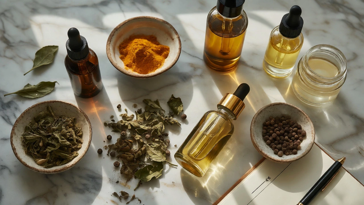 Flat lay of herbal tinctures, dried herbs, and a journal on marble.