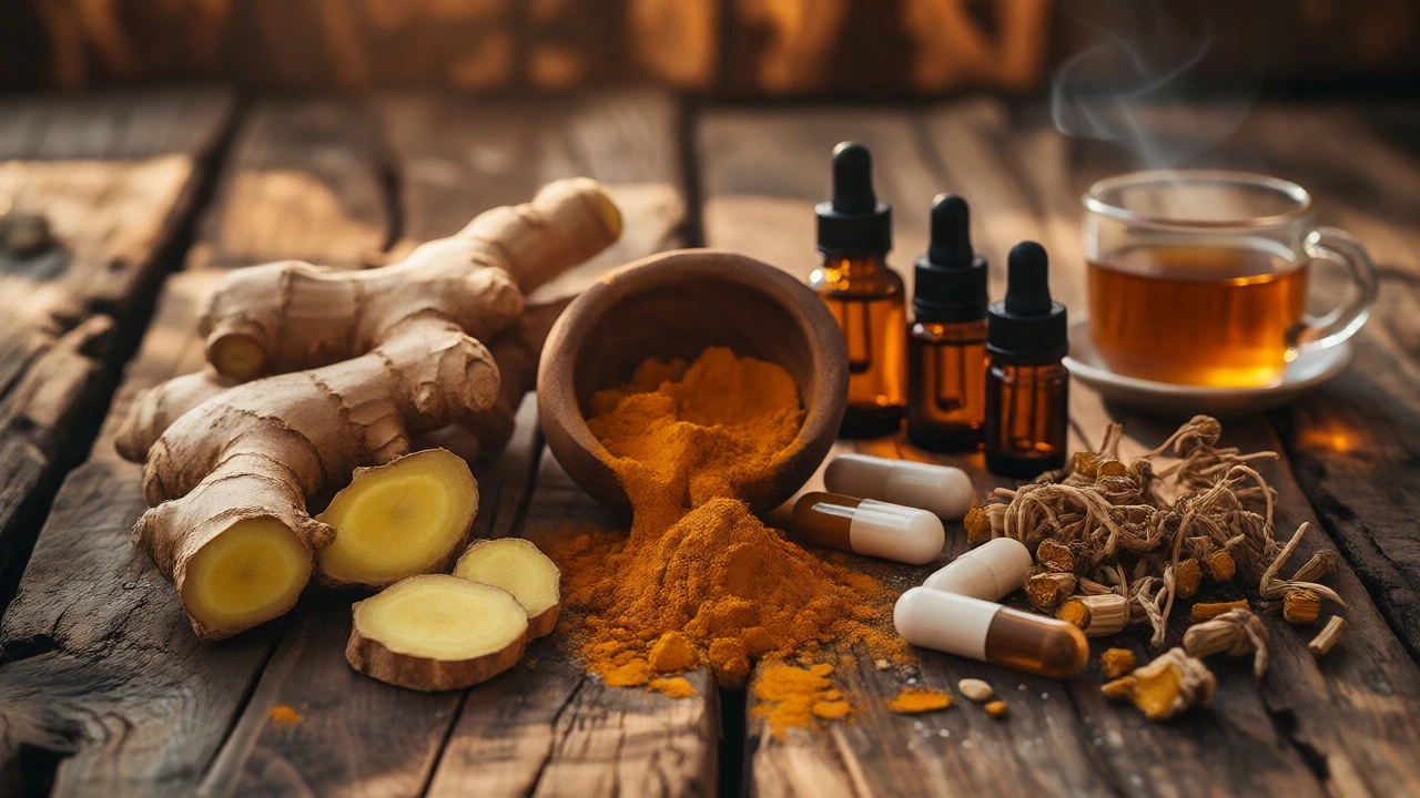 Fresh ginger, turmeric powder, and valerian root arranged on a wooden table