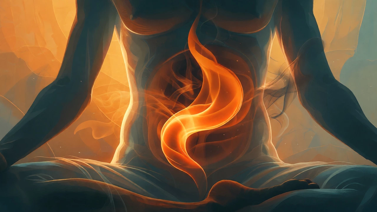 Glowing digestive fire inside an abstract human silhouette clearing toxins.