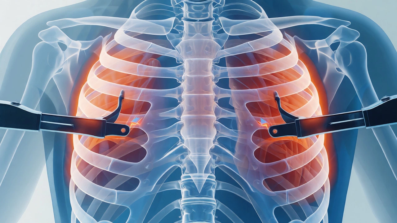 Illustration showing how sternal retractors compress breast tissue during open heart surgery.
