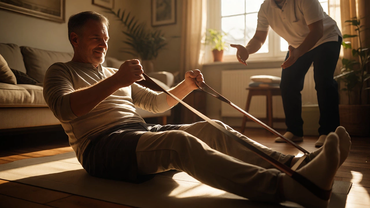 Patient doing resistance band exercises at home with a therapist