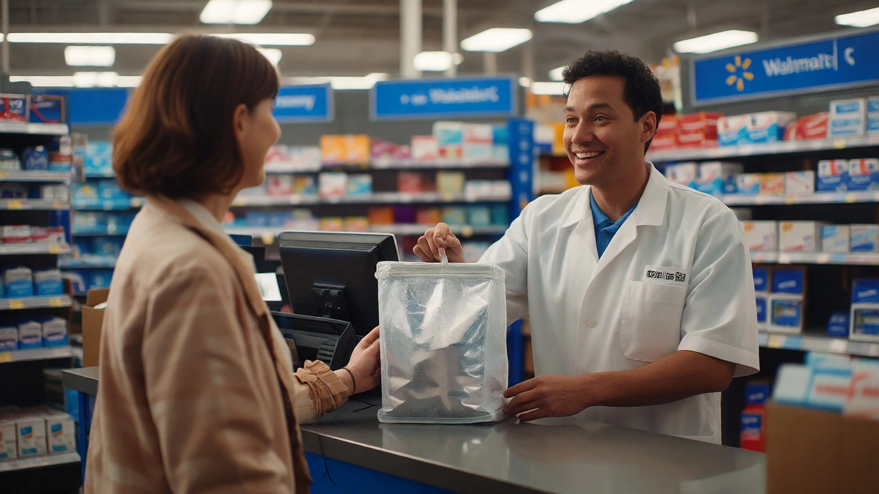Pharmacist handing a refrigerated medication bag to a customer in store