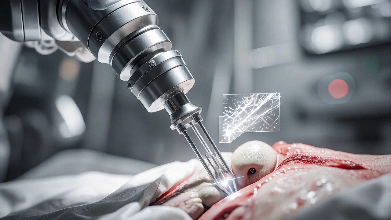 Robotic arm assisting in precise knee replacement surgery in an OR