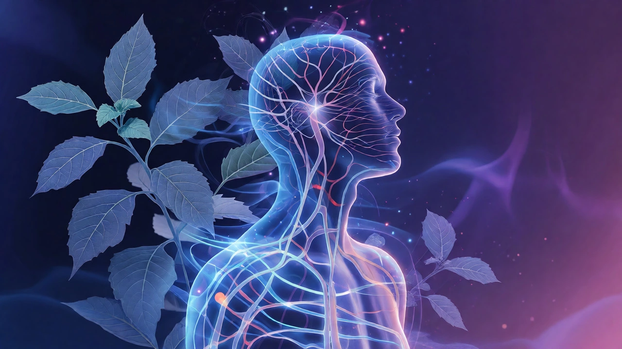 Silhouette surrounded by glowing herbs representing stress relief and clarity