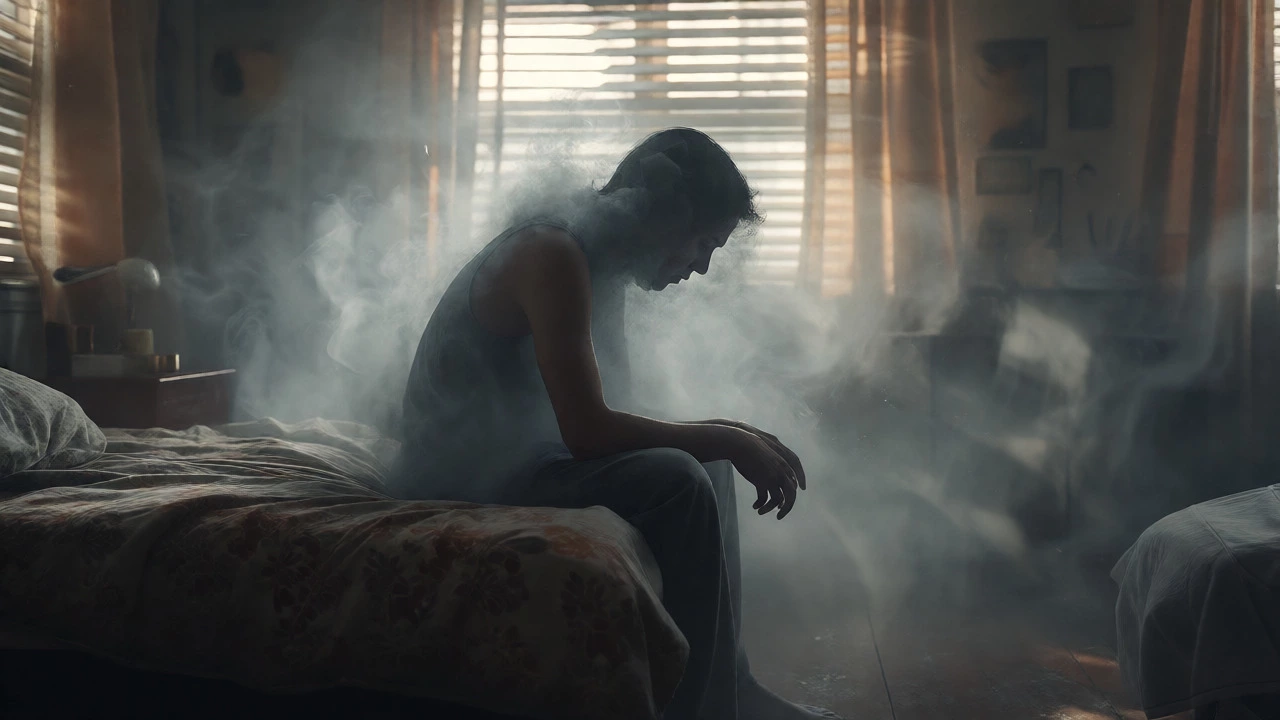 Solitary figure in gray fog sitting on bed edge