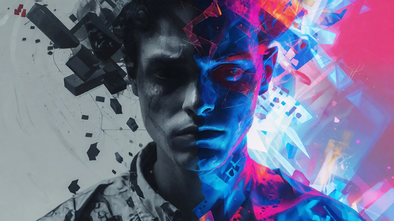 Split portrait showing gray depression and colorful mania