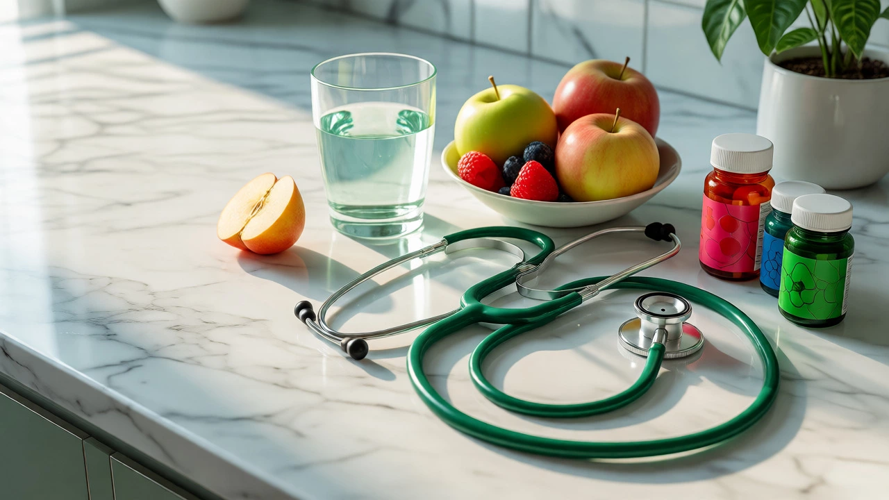 Still life of water, fruit, stethoscope, and vitamins prepared for a health checkup.