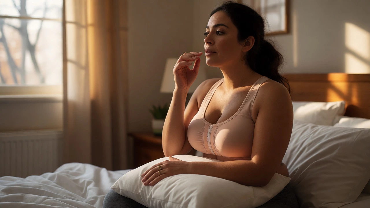 Woman holding a pillow against her chest while wearing a supportive bra during recovery.